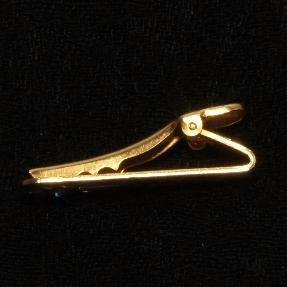 Vintage Tie Clip Gold Tone Blue Rhinestone Starburst Mid Century Atomic Style - Picture 4 of 4